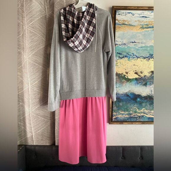 Lucky Chouette Logo Gray Pink Pullover Casual Sweatshirt Midi Dress Sz 36 S Cap - Picture 4 of 15